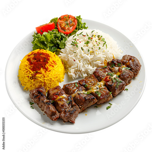 Tasty grilled meat skewers served with white and yellow rice, garnished with fresh vegetables on a white plate, isolated on a transparent background