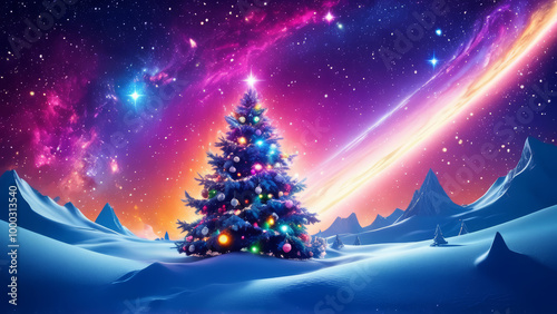 Festive Christmas night with ornate big Christmas tree, winter snowy landscape, beautiful sky purple and dark blue, Xmas sparkled background