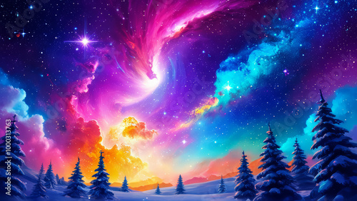 Fantasy colorful Christmas night landscape, beautiful glowing sky,, dark blue and purple, galaxy cosmos with starry nebula. Winter snow landscape illustration,.