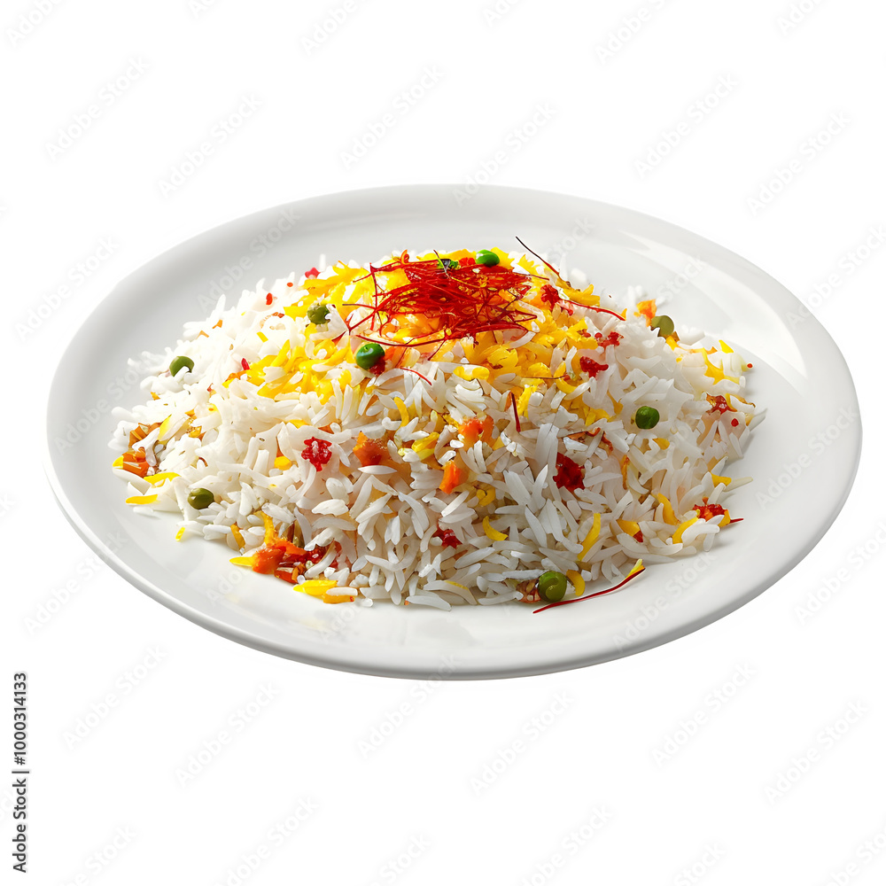 Colorful dish of vegetable rice pilaf topped with saffron threads, showcasing a variety of vibrant veggies, set against a clear background Colorful dish of vegetable rice pilaf topped with saffron threads, showcasing a variety of vibrant veggies, set against a clear background