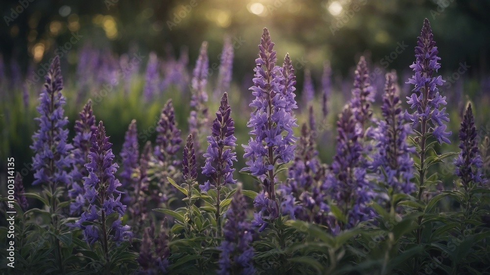 Obraz premium Purple lavender flowers in field, with blurred green background