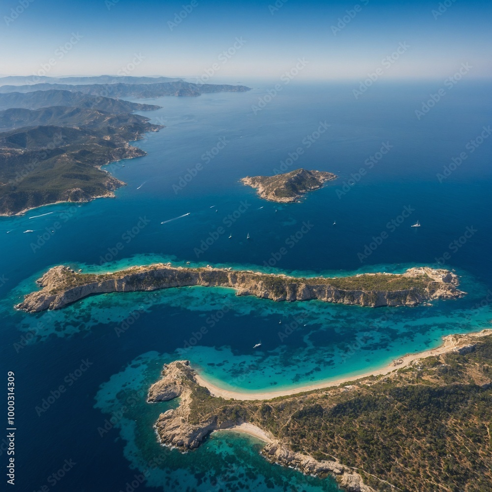 Aerial view of tropical island with crystal clear turquoise waters surrounding it, surrounded by lush green vegetation on coastline Aerial view of tropical island with crystal clear turquoise waters surrounding it, surrounded by lush green vegetation on coastline