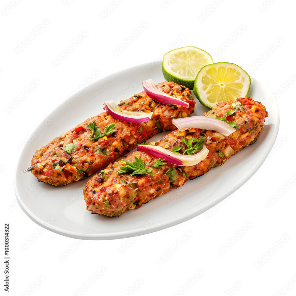Delicious grilled kebab skewers arranged on a clean white plate, topped with zesty lemon slices and red onion for a tasty touch Delicious grilled kebab skewers arranged on a clean white plate, topped with zesty lemon slices and red onion for a tasty touch