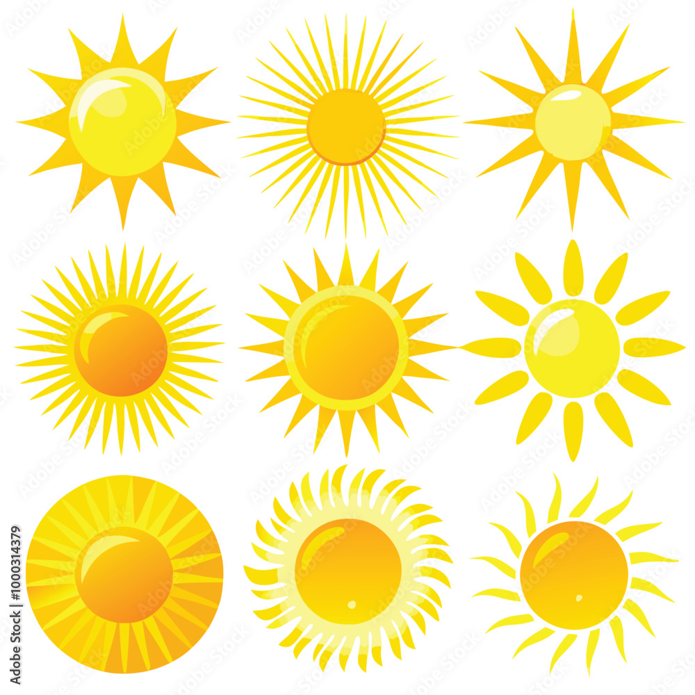 Yellow Vector Sun Icons with Glossy Rays and Sparkles Transparent Background for Summer Designs Yellow Vector Sun Icons with Glossy Rays and Sparkles Transparent Background for Summer Designs
