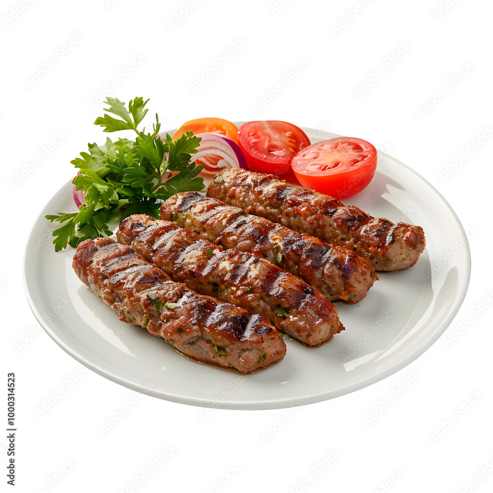 Delicious grilled meat kebabs served with fresh vegetables on a white plate, perfect for food presentations and menu designs Delicious grilled meat kebabs served with fresh vegetables on a white plate, perfect for food presentations and menu designs