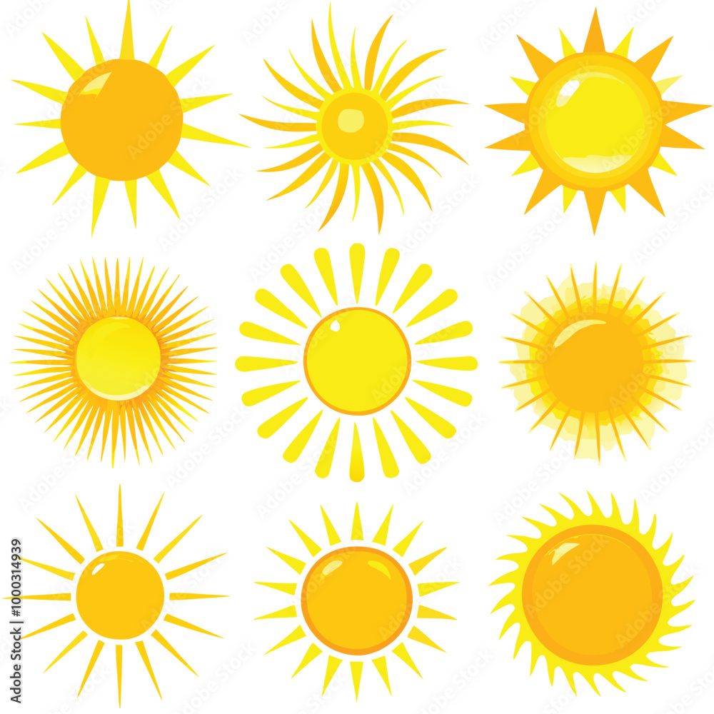 Yellow Vector Sun Icons with Glossy Rays and Sparkles Transparent Background for Summer Designs Yellow Vector Sun Icons with Glossy Rays and Sparkles Transparent Background for Summer Designs