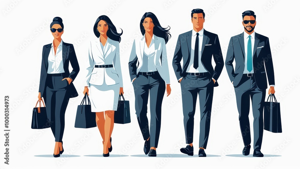 Obraz premium A group of five professionals walking confidently in business attire, carrying bags.
