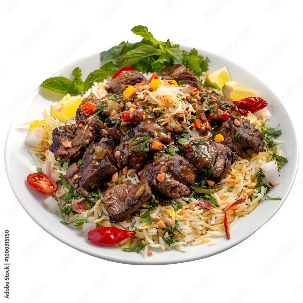 Delicious grilled beef steak paired with flavorful rice, crisp veggies, and topped with herbs on a clean white plate Delicious grilled beef steak paired with flavorful rice, crisp veggies, and topped with herbs on a clean white plate