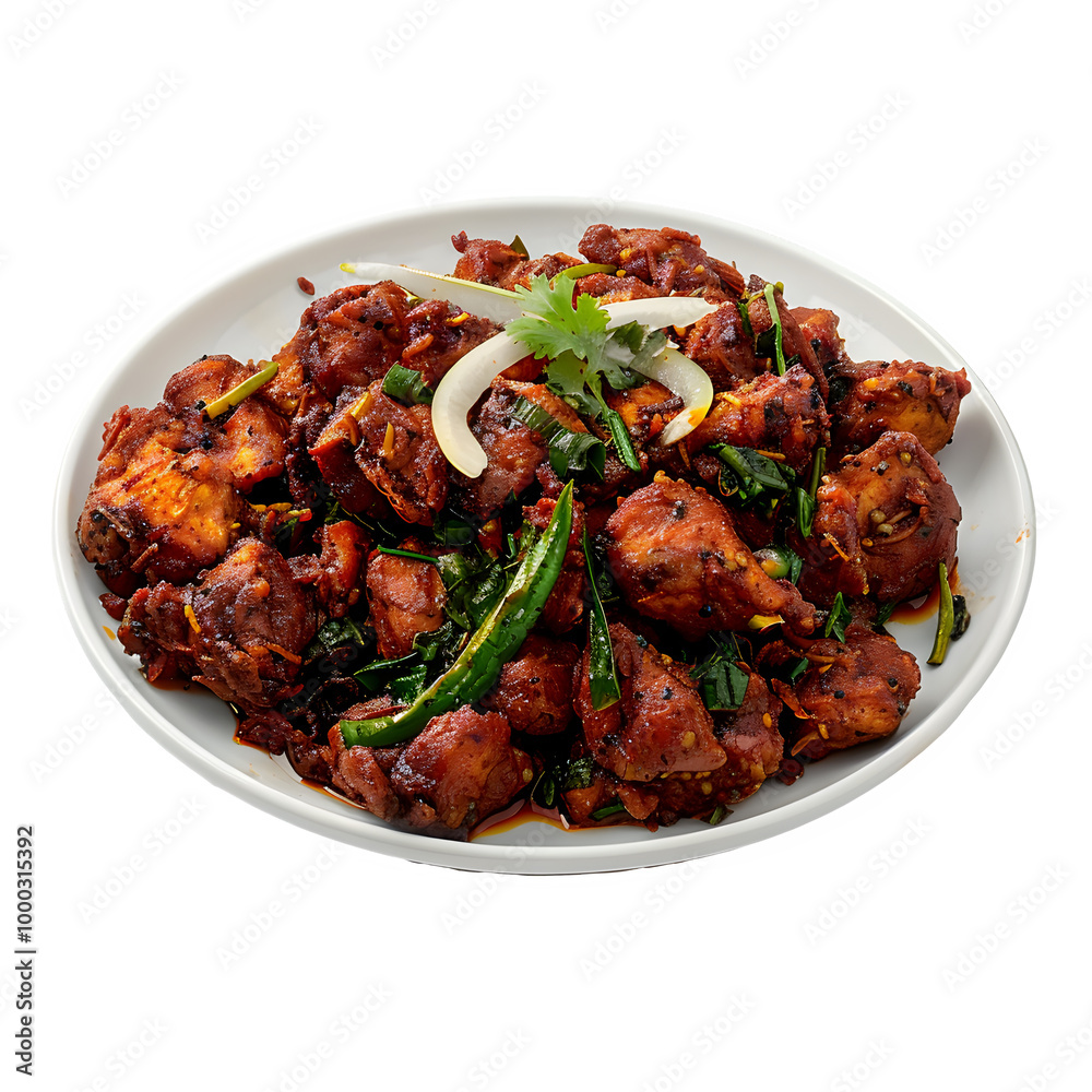 Spicy chicken fry garnished with herbs and onions, served on a white plate, isolated on a transparent background Spicy chicken fry garnished with herbs and onions, served on a white plate, isolated on a transparent background
