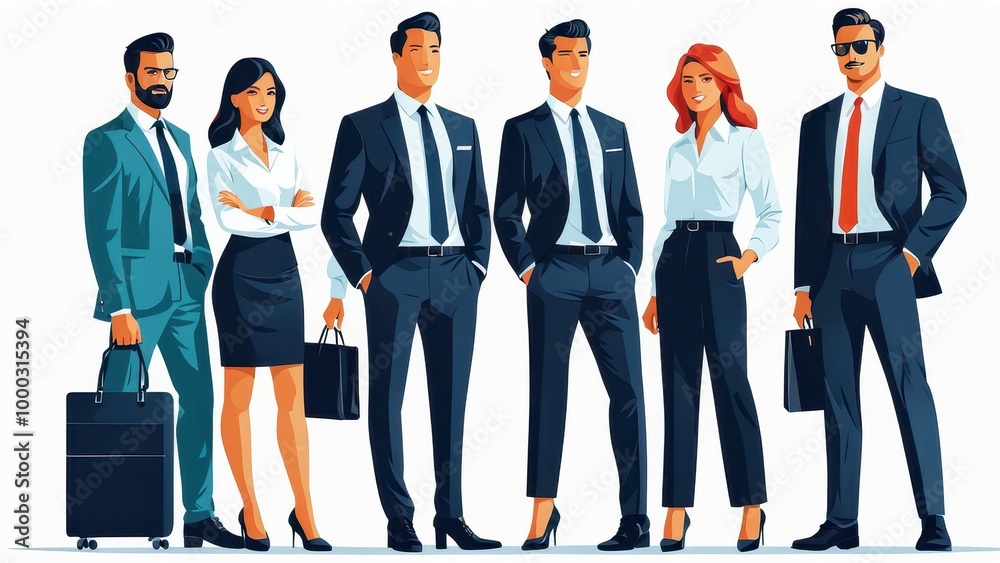 Obraz premium A group of six professionals in business attire, symbolizing teamwork and corporate culture.