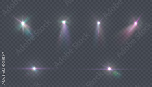 Set of bright spotlight. Isolated on transparent background. Sun flare with rays and glare on transparent background. Bright glow light effect. Vector