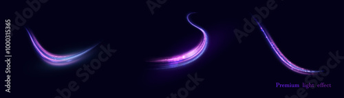 Light effect of high speed movement of light speed along a curved trajectory of bright blue-violet flickers. Dynamic movement of high speed light energy. Vector	
