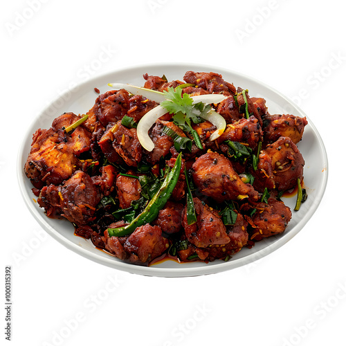 Spicy chicken fry garnished with herbs and onions, served on a white plate, isolated on a transparent background