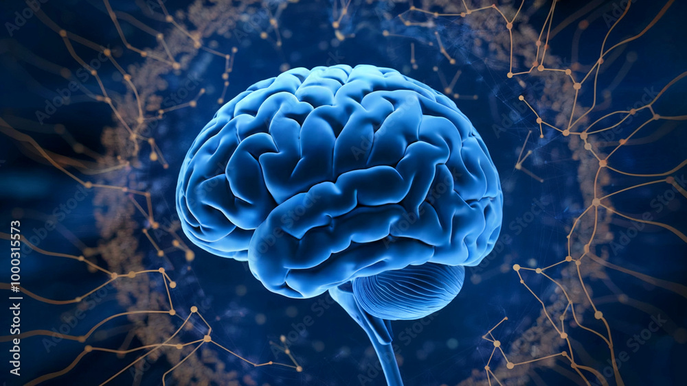 A detailed, 3D representation of a human brain. The brain is depicted in a blue hue, highlighting its intricate structures. A detailed, 3D representation of a human brain. The brain is depicted in a blue hue, highlighting its intricate structures.