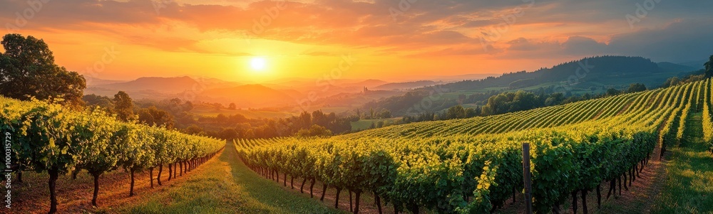 Fototapeta premium View of a vineyard with a sunset in the background