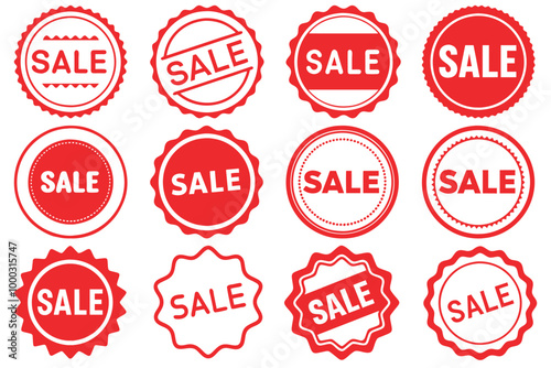 Red sale badges vector set on white background, ideal for promotional and marketing materials