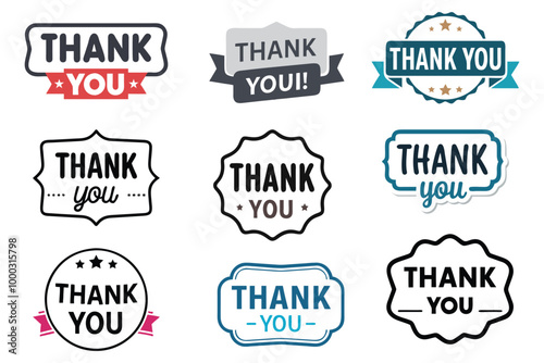 Thank you text in various badge styles, black and teal color schemes, vector, appreciation cards