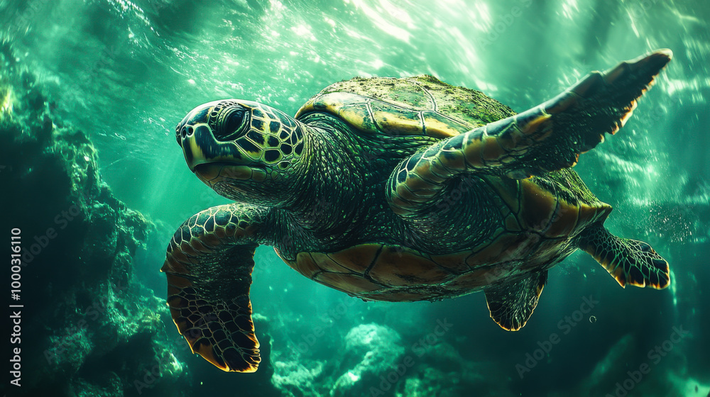 Fototapeta premium A gracefully swimming sea turtle gliding through crystal-clear waters surrounded by vibrant seaweed in an underwater wonderland