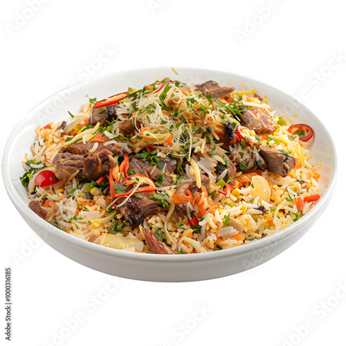 Delicious bowl of asian fried rice with grilled meat and fresh veggies, a tasty meal choice