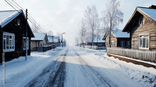 A winter morning in a rural village, where frost covers the windows, and the streets are covered in a thick layer of snow