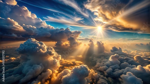 Fluffy Sun Lit Wispy Clouds in the Skyline: Majestic Cloud Formations and Scenic Sky Views for Atmospheric Visuals for Poster and Digital Design Projects