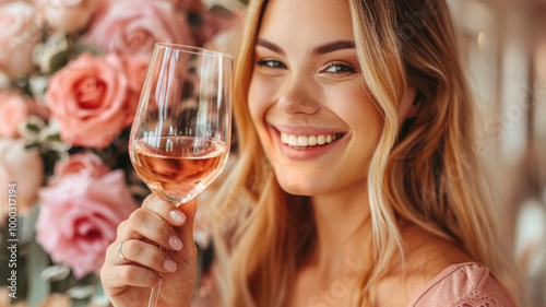 mature woman drinking wine at home. Old middle aged lady holding glass