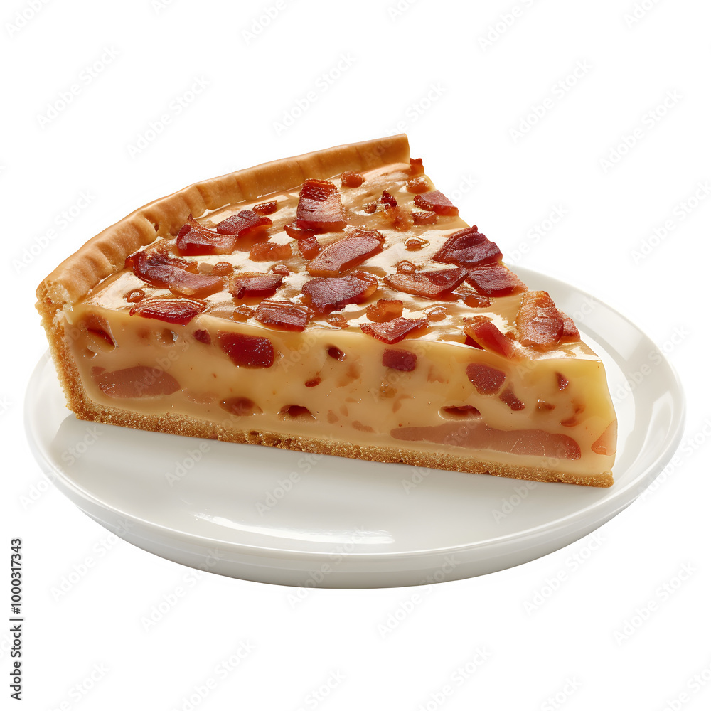 Delicious slice of bacon and cheese quiche on a white plate, giving a detailed look at its creamy and indulgent texture Delicious slice of bacon and cheese quiche on a white plate, giving a detailed look at its creamy and indulgent texture