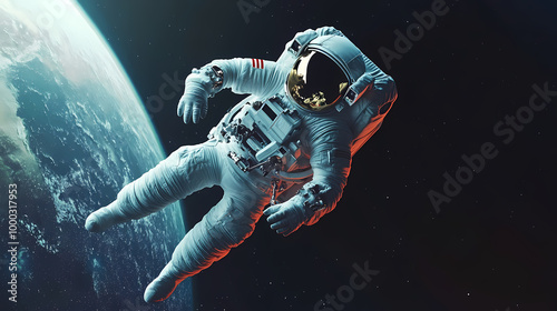 Astronaut floating in zero gravity space with earth reflection, detail of spacesuit. Zero Gravity. Illustration