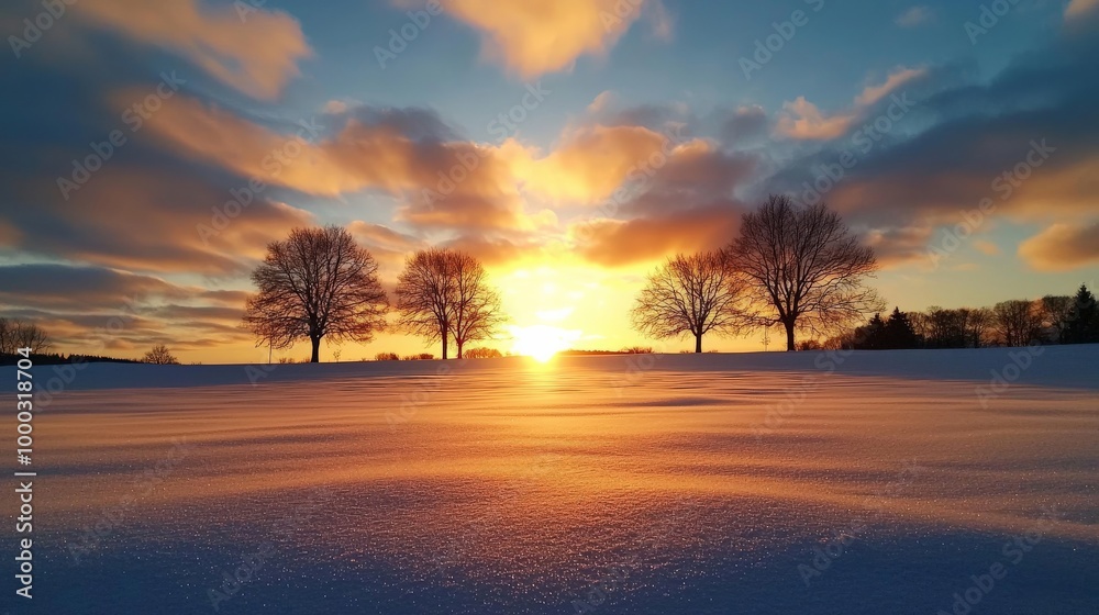 A winter sunset over a snowy field, where the snow glows softly under the fading light, and the air is crisp and cold A winter sunset over a snowy field, where the snow glows softly under the fading light, and the air is crisp and cold