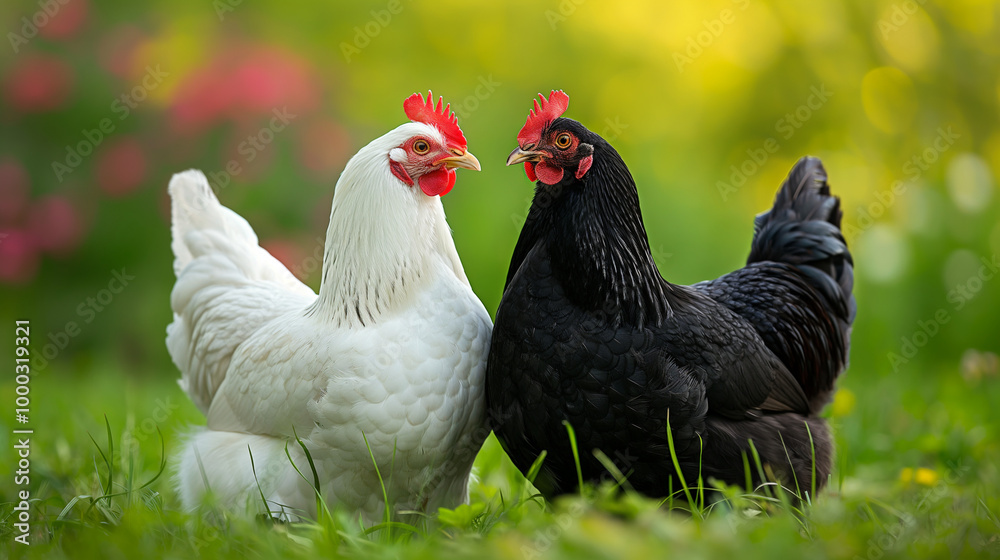 Fototapeta premium White and Black Chickens on Green Grass on a Sunny Summer Day