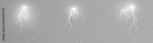 Bright lightning effect, lightning electric discharge, bright light effect. Lightning energy discharge effect isolated on transparent background for web design and illustrations.