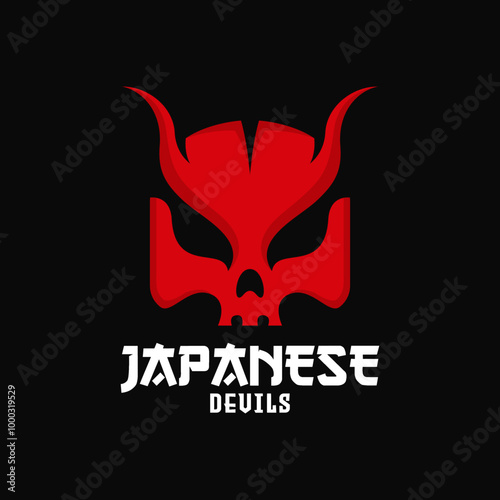 illustration vector face head of kabuki traditional japan japanese red devil evil ghost demon oni mask logo isolated black background