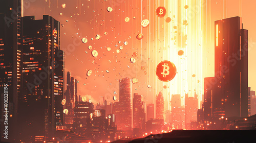 Wallpaper Mural Concept of economic rescue with digital currency raining from the sky into a futuristic martian cityscape, showcasing innovative financial solutions. Digital Rain. Illustration Torontodigital.ca