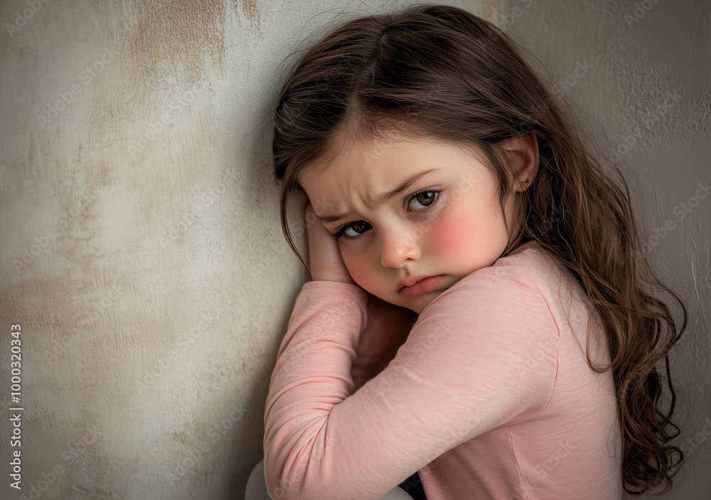A sad little girl, hugging her knees, a portrait photo close -up, against the background of a white wall, her face expresses sadness.