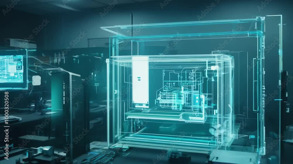 A 3D printer constructs a futuristic gadget in a dimly lit high-tech workshop, with holographic blueprints displayed on multiple screens, and the camera zooms out to reveal the detailed scene. A 3D printer constructs a futuristic gadget in a dimly lit high-tech workshop, with holographic blueprints displayed on multiple screens, and the camera zooms out to reveal the detailed scene.