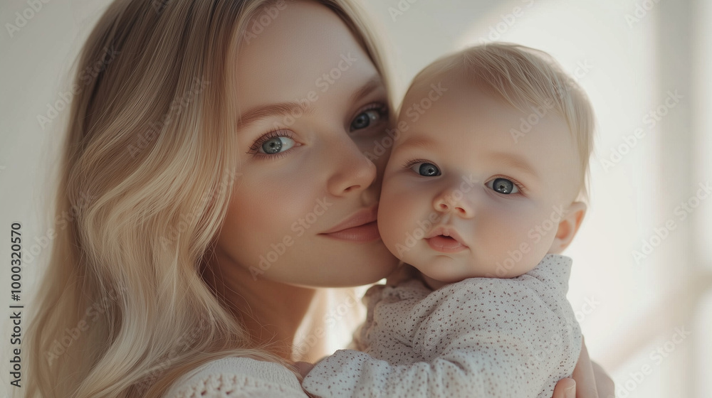 Close -up portrait of a beautiful young woman with blond hair holding a whole boy on a white background. This image causes the concept of mother's day. There is enough space for the text Close -up portrait of a beautiful young woman with blond hair holding a whole boy on a white background. This image causes the concept of mother's day. There is enough space for the text