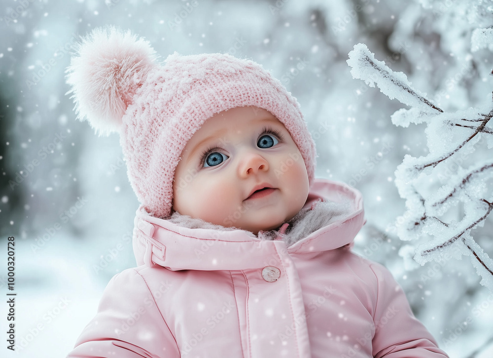 Cute Baby in Pink Winter Outfit Looking at Snowfall Cute Baby in Pink Winter Outfit Looking at Snowfall