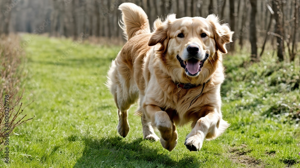 A joyful golden retriever running through a green path in a natural setting. A joyful golden retriever running through a green path in a natural setting.