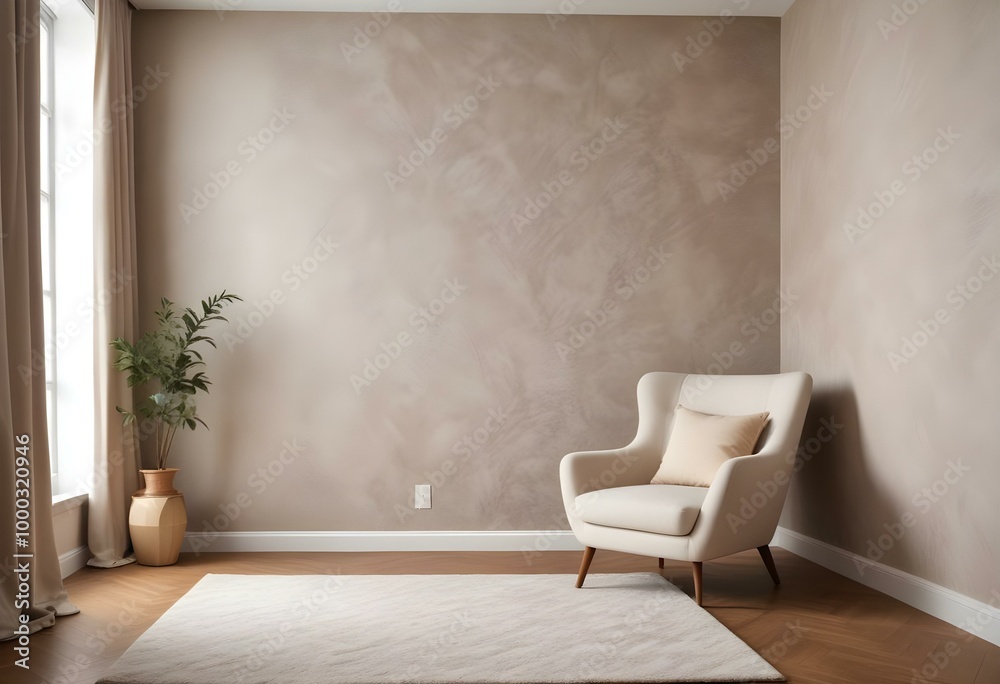 empty room with textured fabric walls, a soft rug on the floor, and a cozy armchair placed in the corner empty room with textured fabric walls, a soft rug on the floor, and a cozy armchair placed in the corner