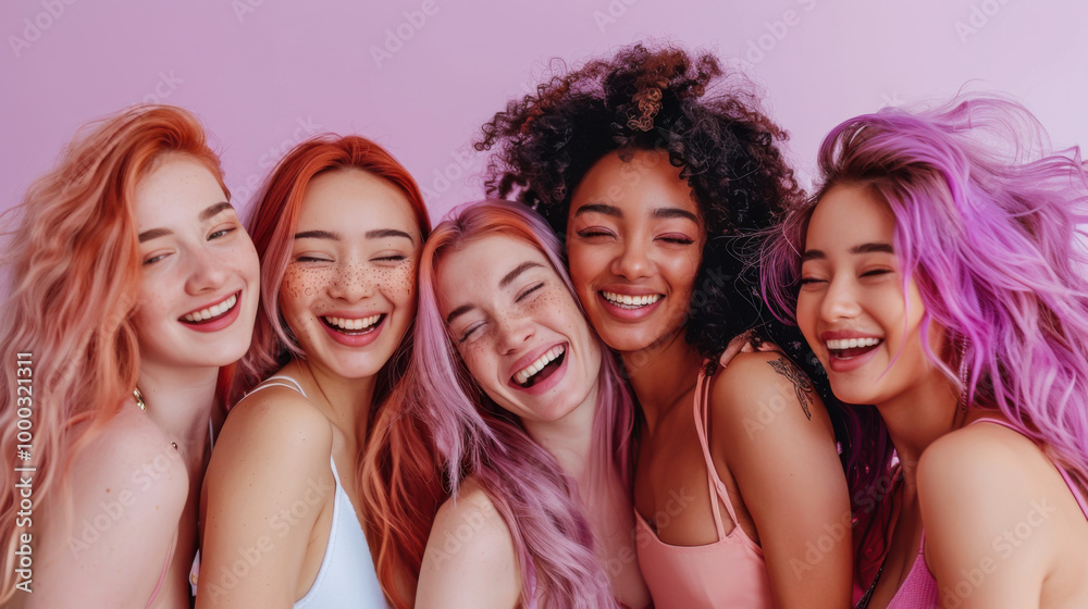 Four friends with colorful hairstyles enjoy a joyful moment against a vibrant mural in an urban setting during the afternoon Four friends with colorful hairstyles enjoy a joyful moment against a vibrant mural in an urban setting during the afternoon