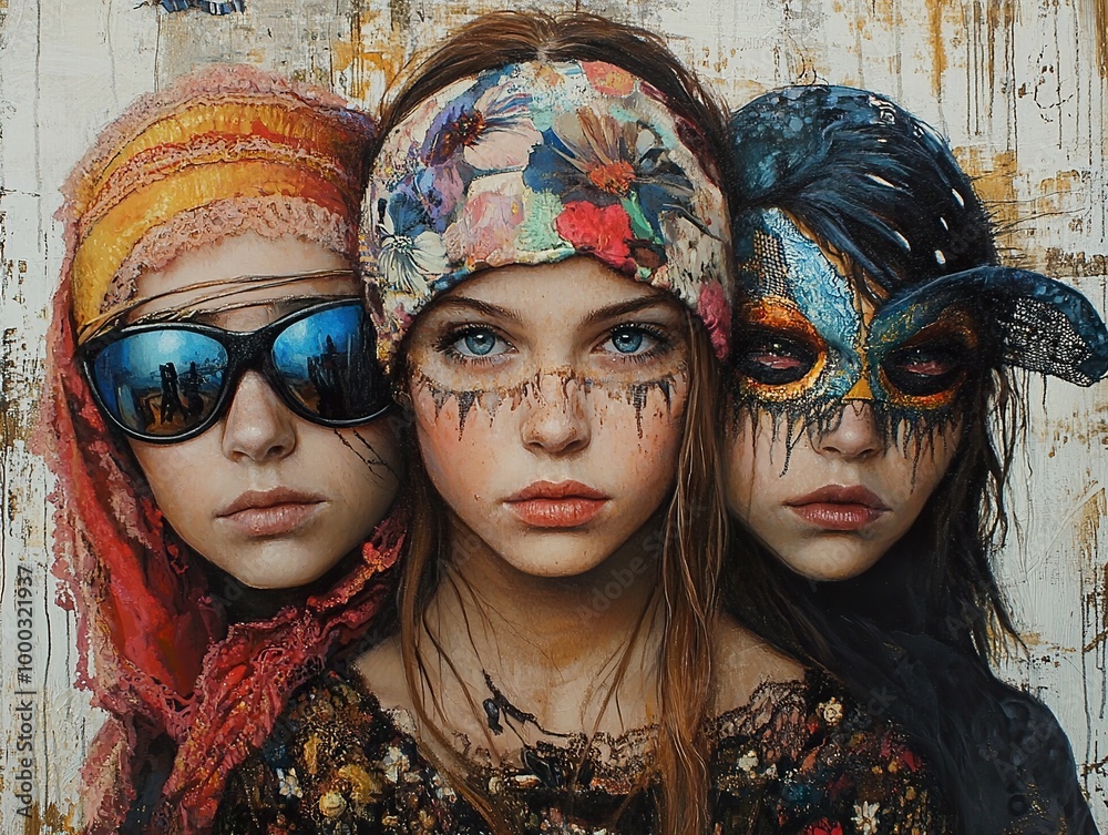 Three Women in Masks: A Surreal Portrait Painting Three Women in Masks: A Surreal Portrait Painting