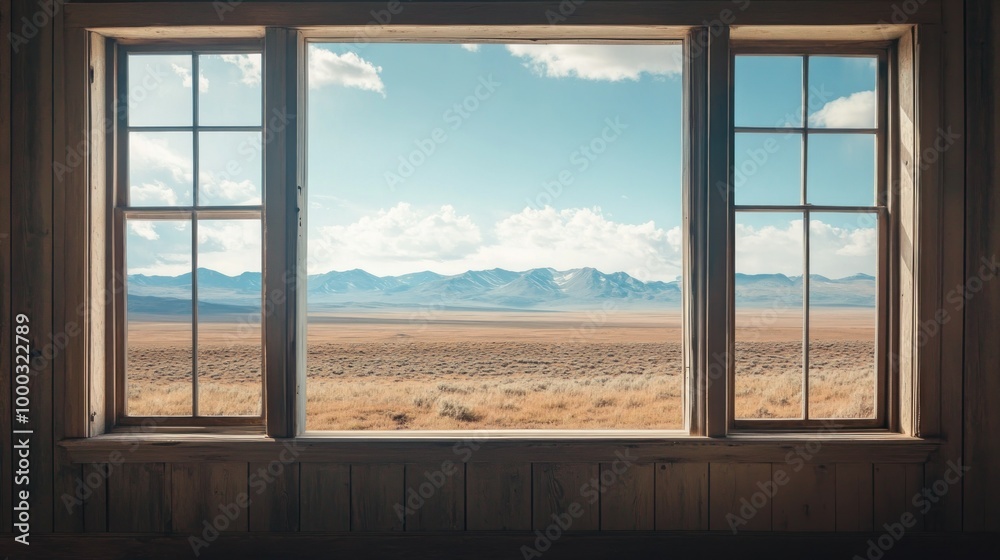 Fototapeta premium Rustic Window Frame With a View of a Desert Landscape and Mountain Range