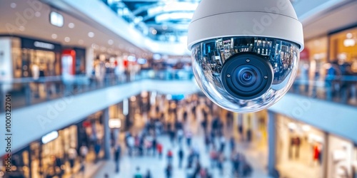 A high-definition security camera captures a busy shopping mall scene. The lens is focused on the diverse crowd below. This image portrays safety and modern surveillance. AI