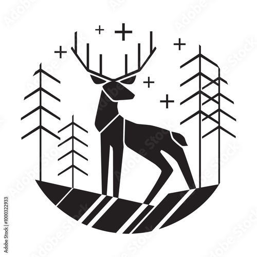 Black silhouette of deer on white background. Deer standing among trees. Vector illustration of forest with trees and stars in the form of a circle. Сhristmas silhouette