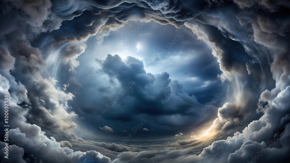 Naklejka premium Fluffy Tunnel Storm Clouds in the Skyline: Majestic Cloud Formations and Scenic Sky Views for Atmospheric Visuals for Poster and Digital Design Projects
