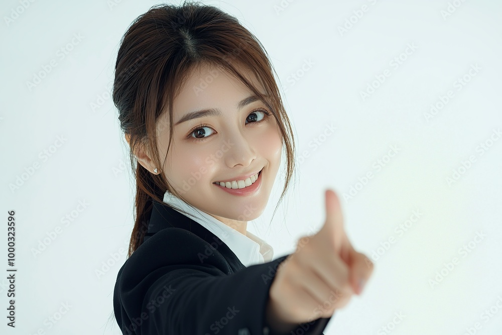A beautiful Japanese woman in her early to with her hair tied back, wearing... A beautiful Japanese woman in her early to with her hair tied back, wearing...