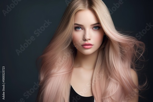 Woman with blonde hair on black background. Hair care and styling. Professional beauty treatment. Natural beauty concept. Banner, advertisement