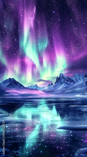 A breathtaking view of the Northern Lights dancing above an icy landscape,...