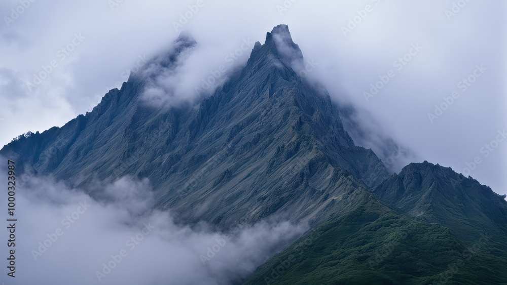 A majestic mountain peak shrouded in clouds, showcasing nature's beauty and mystery. A majestic mountain peak shrouded in clouds, showcasing nature's beauty and mystery.
