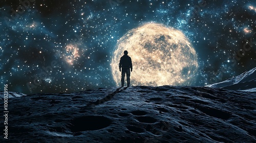 A lone figure stands on a rocky hilltop, gazing at a giant moon and starry night sky.